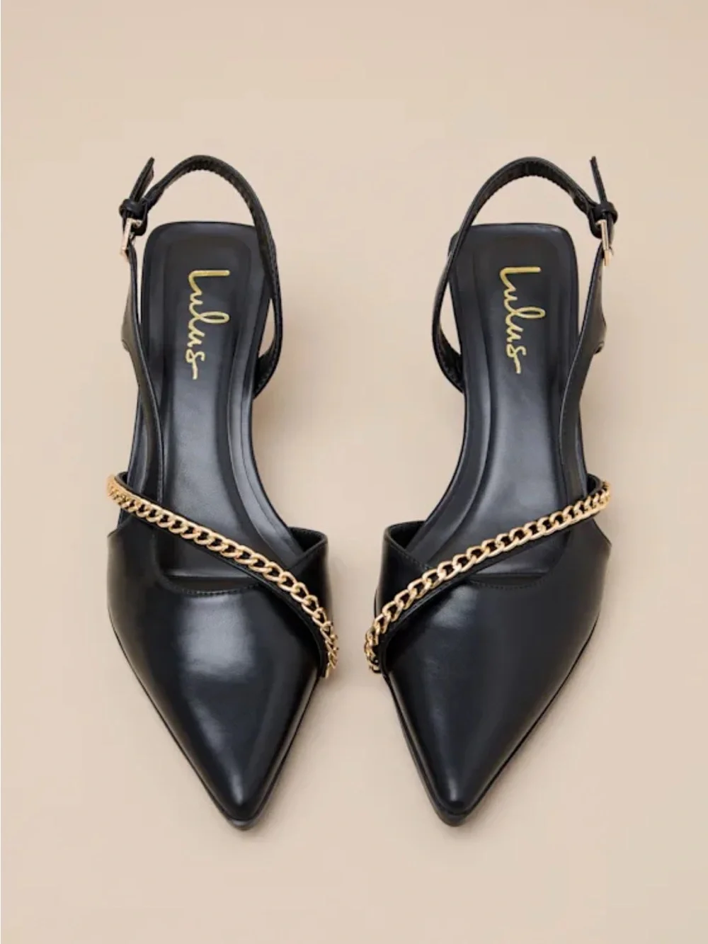 NWT Lulus Ketra Black Chain 2.25” Kitten Heel Slingback Pumps - Size 9